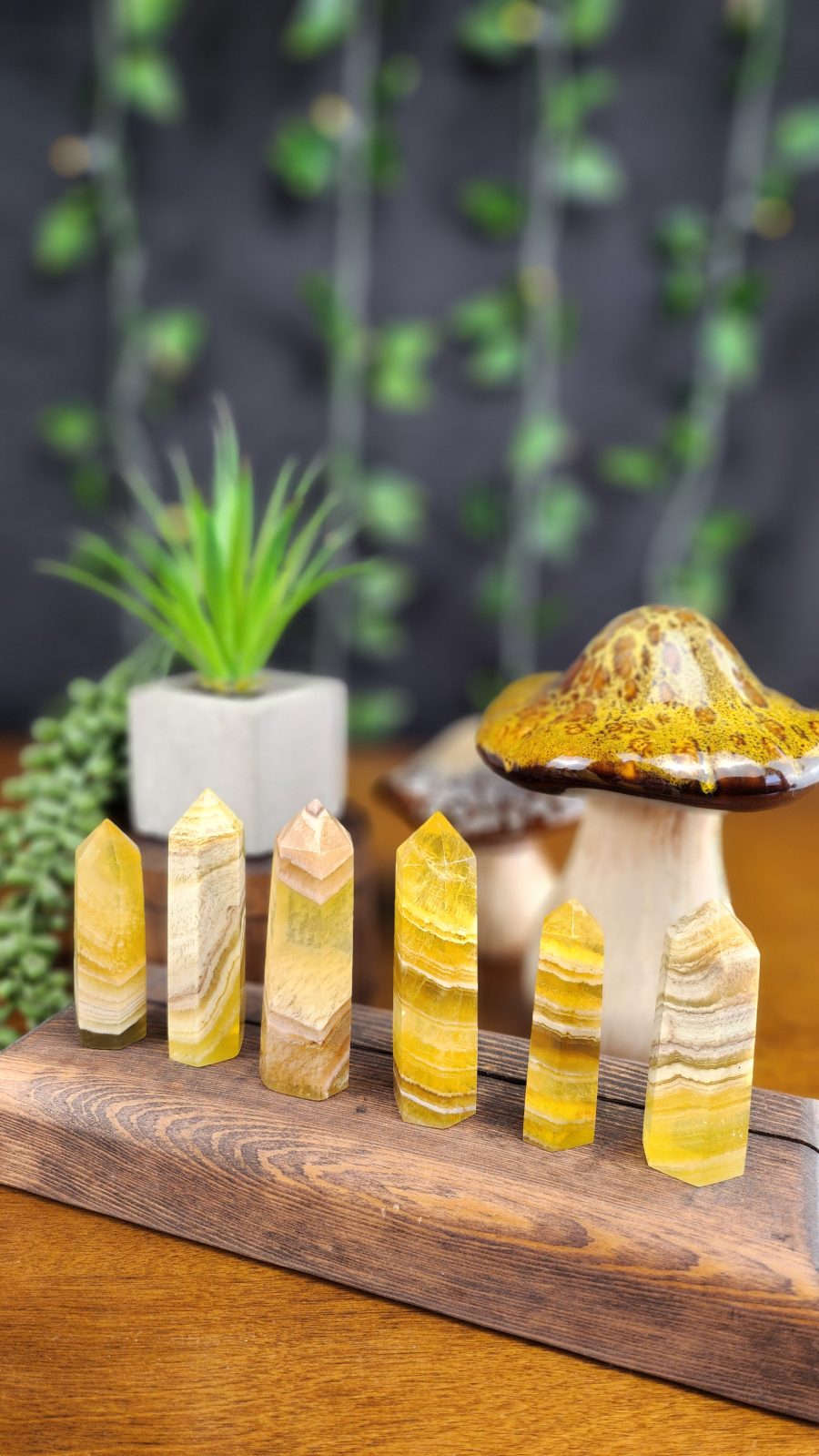 Yellow fluorite crystal towers for sale at Hazel-Jayne Crystals & Gift Shop.