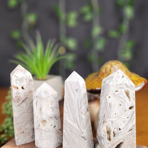 White Lace Agate Large Towers crystals for sale at Hazel-Jayne