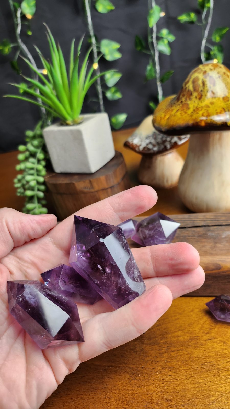 Double Terminated Amethyst crystals shown in hand for scale.