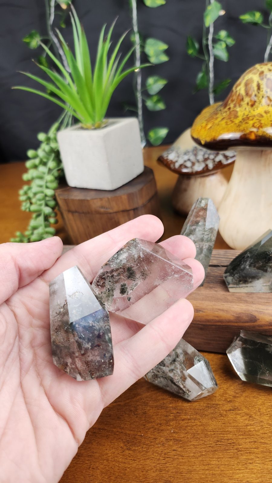Garden Quartz (Lodalite) freeform crystals shown in hand for scale.